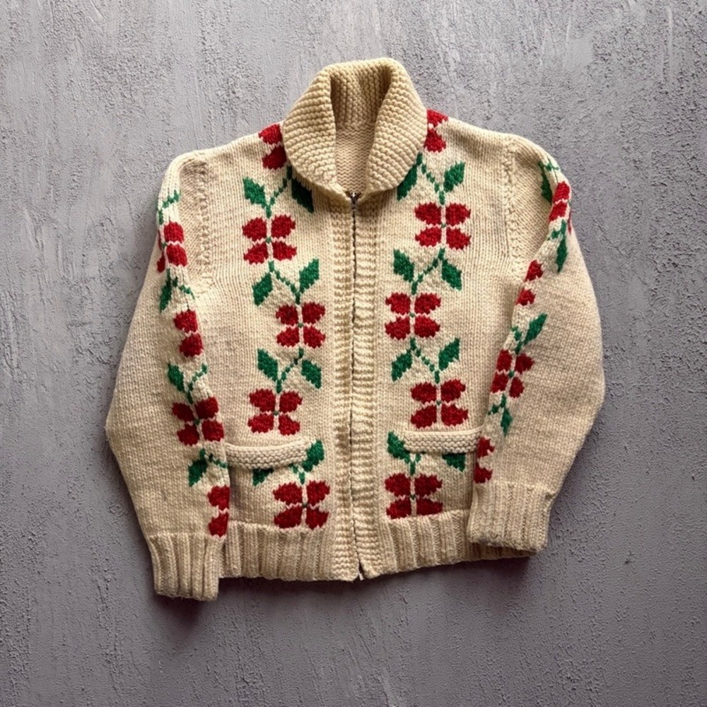 Vintage Cowichan Sweater Small White 1960s Full Zip Floral
